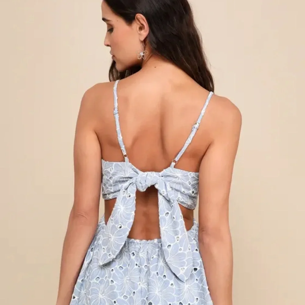 Lulus Charming Babe Blue Embroidered Floral Tie-Back Mini Dress / B33 - Picture 3 of 6